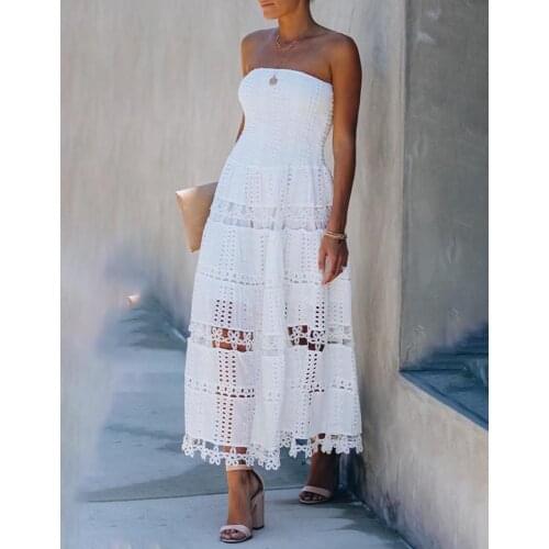 2021 Women Elegant Summer Bandeau Hollow Out Flower Detail Maxi Dress Sleeveless Solid White Long Casual Party Dress Sexy