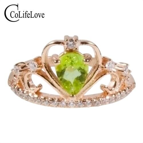 CoLife Jewelry 100% Natural Olive Tourmaline Ring for Party 5*7mm Pear Cut Tourmaline Silver Ring 925 Silver Crown Ring