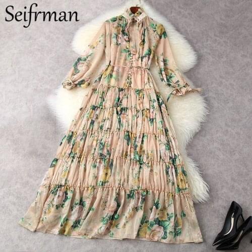Seifrmann New 2021 Summer Women Runway Party Chiffon Maxi Dress Bow Lantern Sleeve Ruffles Sashes Printed Ladies A-Line Dresses
