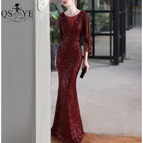 Burgundy Evening Dresses Mermaid Short Sleeves Sexy V Neck Evening Gown Glitter Bat Sleeves Red Formal Party Dress Women