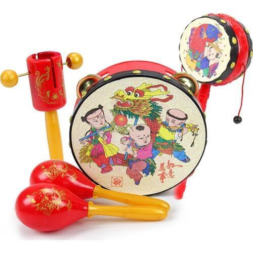 Chinese style Baby toys dumbbell Musical drum cartoon toys sand egg Maracas bell drum rattle toys，Babys best gift