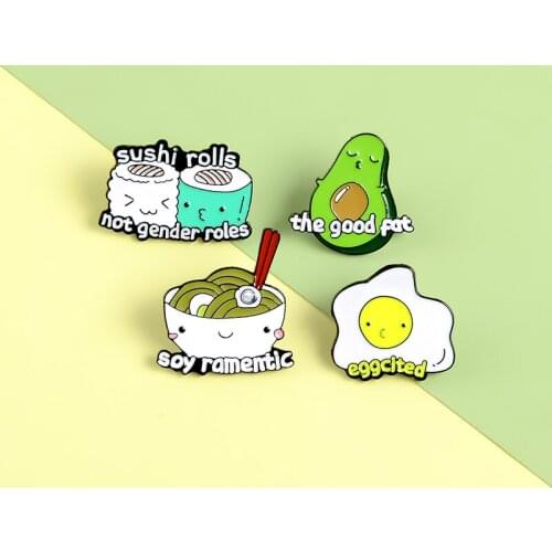 Cartoon Food Pins Sushi Poached egg Noodles Avocado Enamel Pins Cute Brooches Badges Clothes Lapel Pins Jewelry Gift For Friends