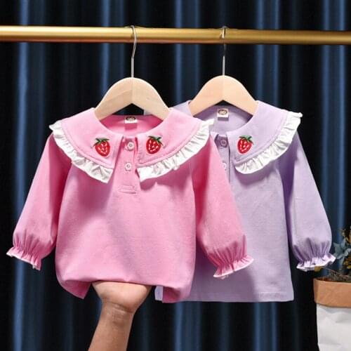 Fashion Baby Girls T-shirt Children Long Sleeve Pink Tees Top Cute Lace Turn-down Collar T Shirts Kids Cotton Bottoming Shirt