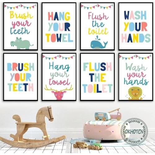 Cartoon Lion Whale Hippo Hygiene Letter Sign Canvas Painting Brush Teeth Wash Hands Flush Toilet Wall Art Poster Kids Room Decor