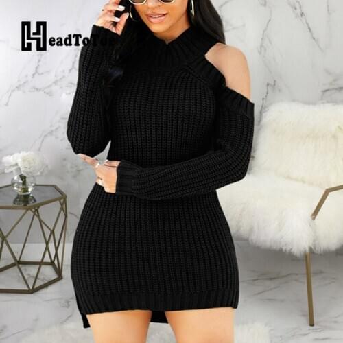 Solid Casual Fashion Woman Dress Long Sleeve Off Shoulder Round Neck Above Knee Elastic Above Knee Woman Sweater Dress