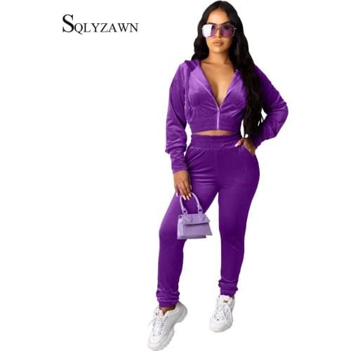 Autumn Winter Velvet 2 Piece Set Women Hooded Zipper Crop Sweatshirt Casual Tracksuit Warm Suits Purple Pink Matching Sets Mujer