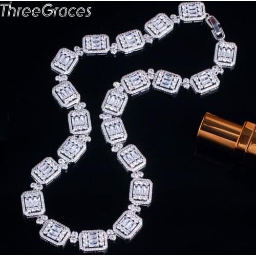 ThreeGraces Sparkling Cubic Zirconia Rectangle Shape Silver Color Choker Necklace for Women Elegant Wedding Party Jewelry PN115