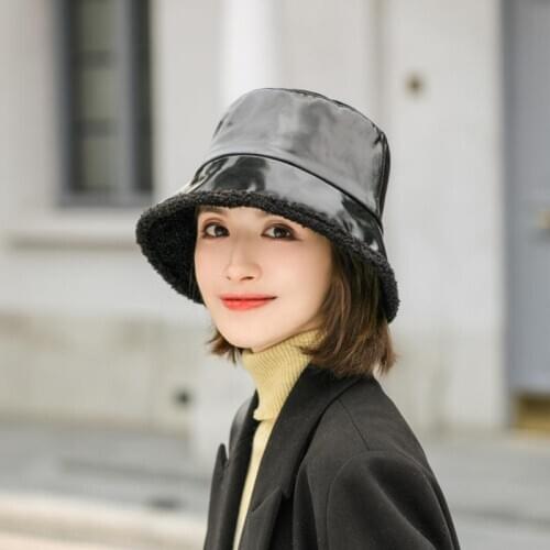 2020 Autumn Winter Men Women Pu Leather Bucket Hat Female Japanese Fashion Fisherman Hat Bob Boys Girls Warm Plus Velvet Panama