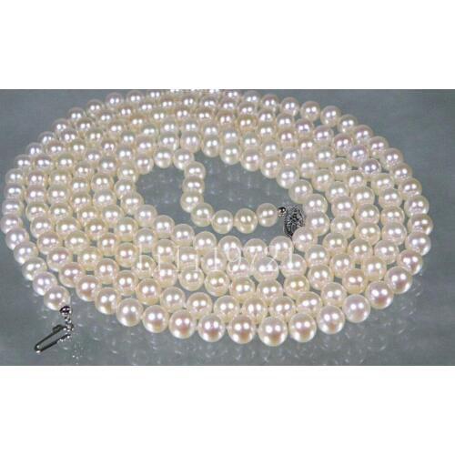 Genuine AAA+ 5.5-6mm round white akoya pearl necklace 32" > jewerly free shipping