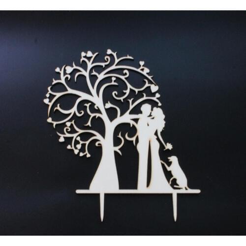 Custom Wedding Rustic Wood Cake Topper,Couple with Dog under Tree Pattern Cake Topper for Wedding Accessories,Custom Cake Topper