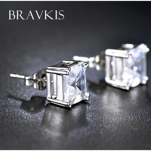 BRAVEKISS Square Princess Cut Piercing Stud Earrings for Women CZ Crystal Ear Studs Fashion Jewelry Accessories Mujer BUE0187