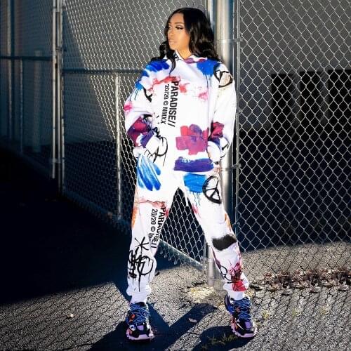 HAOOHU Graffiti Printed Tracksuit Hooded 2 Piece Pants Set Fall Winter Street Style Sweat Suits Women Matching Sets