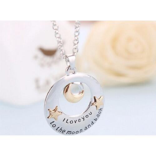 Trendy Alloy Moon and Star Pendant Necklace Mothers Day Gifts "I love you to the Moon and back" Letters Chain Necklaces
