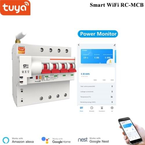Tuya Smart Circuit Breaker 4P WiFi Switch Overload Short Circuit Protection Power Consumption Smart RC-MCB Alexa Compatible