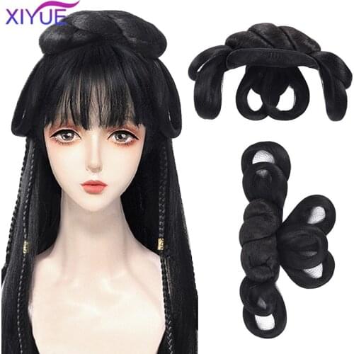 XIYUE Chinese Traditional Retro Black Hair Chignon Synthetic Fake Hanfu Hair Bun Pad High Ancient Princess TV Cosplay Wig