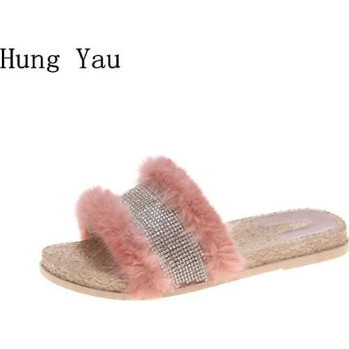 Women Sandals Slippers Flips Flops Summer Shoes Woman Wedges Fur Fashion Crystal Sweet Platform Female Slides Ladies