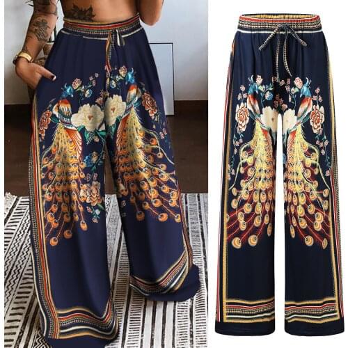 Women High Waist Printing Easy Trousers Casual Loose Print Full Length Pants Lace Up Long Pants Boho Beach Pockets Pants