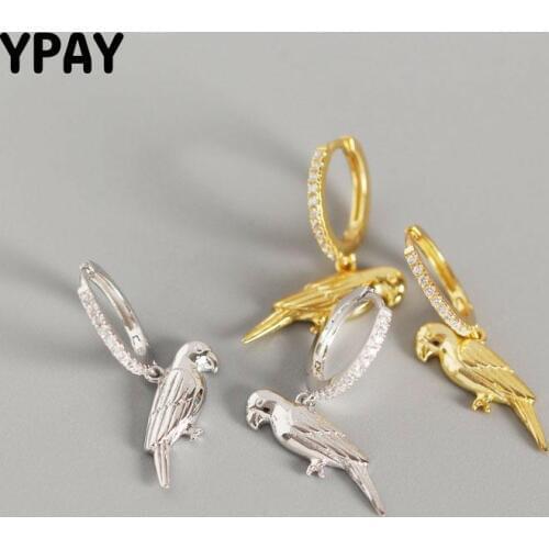 YPAY Exquisite Animal Parrot Pendant Hoop Earrings for Women 100% Pure 925 Sterling Silver Zircon Earring Brinco Jewelry YME557