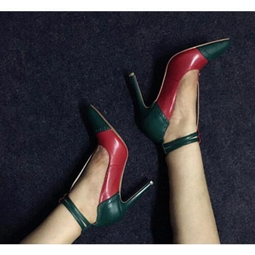 Spring 2017 New Women Sexy Red Green Patchwork 12 cm or 10 cm heel Buckle Pointed Toe Party Pumps Stiletto Heel Shoes