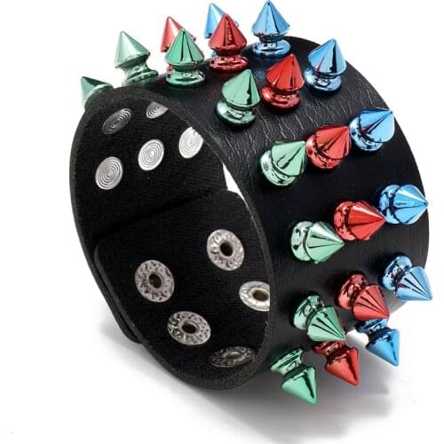 Jessingshow Gothic Multicolor Three Row Cuspidal Spikes Rivet Stud Wide Cuff PU Leather Punk Rock Unisex Bangle Bracelet Jewelry