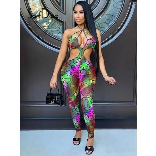 Soefdioo Printed Chic Cut Out Backless Slim Jumpsuits Women Overalls Fashion Streetwear Summer 2021 Sexy Party Clubwear Rompers