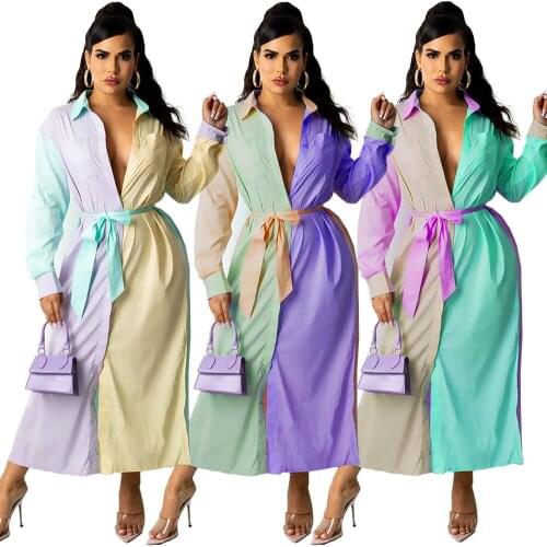Sexy Shirt Dress Female 2021 Fall New Fashion Cute Pure Color Blue Long-Sleeved Cardigan Cotton Temperament Commuter Long Dress