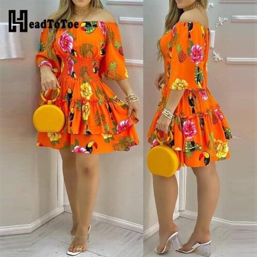 Tropical Print Off Shoulder Mini Summer Dress Women Bandeau Waist Casual Dress