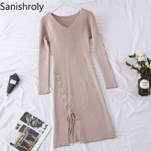 Sanishroly 2018 Long Sleeve Sweater Dress Autumn Winter Women V-Neck Tie Bow Knitted Dresses Female A-Line Dress Vestidoes SE334