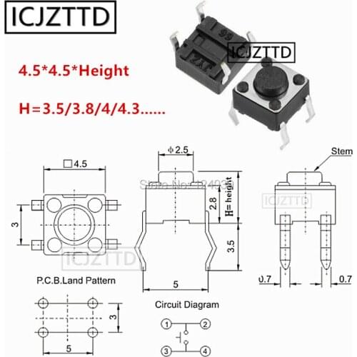 100PCS 4.5x4.5x5.5mm 4.5x4.5x6mm 4.5x4.5x10mm 4.5*4.5*7mm 4.5*4.5*8mm 4.5x4.5x9mm/7.5/8.5 Micro Switch DIP-4 Push Button Switch