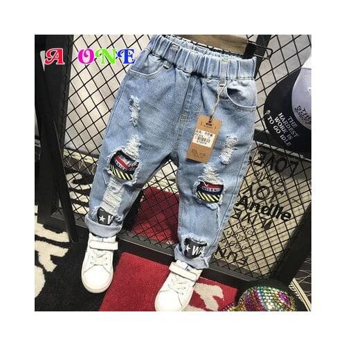 Spring autumn boys pants kids Jeans baby cargo bottoms fashion spliced hollow out appliques boys clothes 2T to 8Yrs