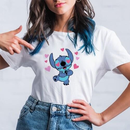 Disney Fashion Lilo & Stitch Pattern T-Shirt Female Summer New Products Black White T Shirt Women Harajuku Short Sleeve Dropship