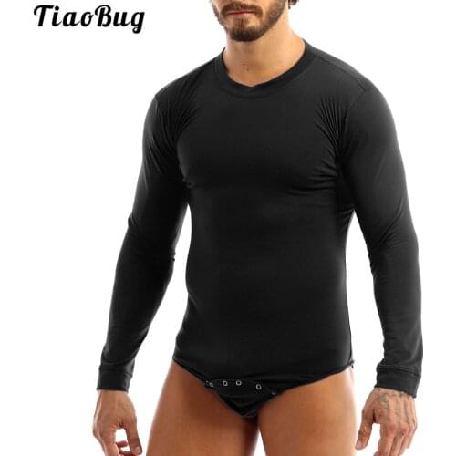 TiaoBug Summer Men Adults One-Piece Swimming Bodysuit Lingerie Round Neck Long Sleeves Pressed Crotch T-Shirt Romper Pajamas