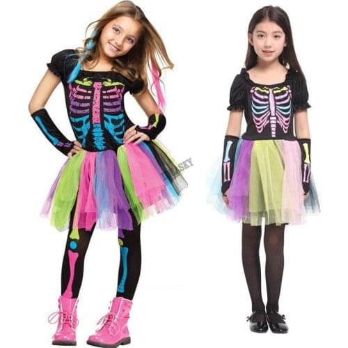 Halloween costumes for kids gril Rainbow skeleton Skull Scary witch vampire cosplay child fancy dress up Carnival suit christmas