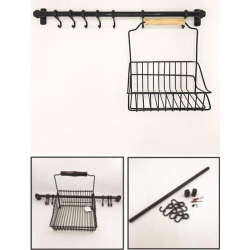 Wrought iron Basket-Wall Rail Robe Hook Black Strap Kitchen Hanger Basket Robe Hook