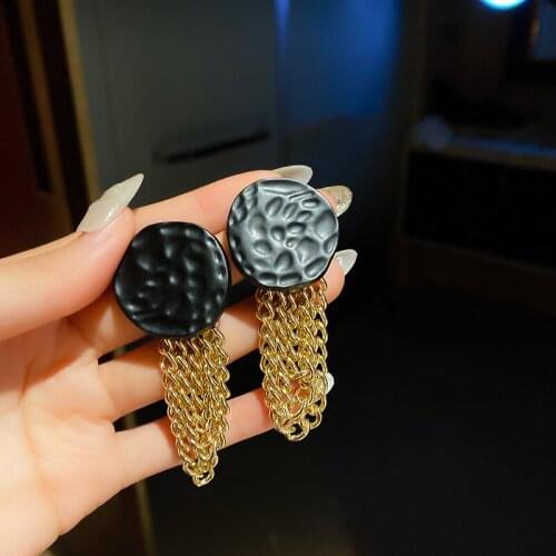 Lifefontier Korean Gold Color Chains Long Hanging Earrings for Women Black Geometric Round Drop Earrings Trendy Jewelry 2021