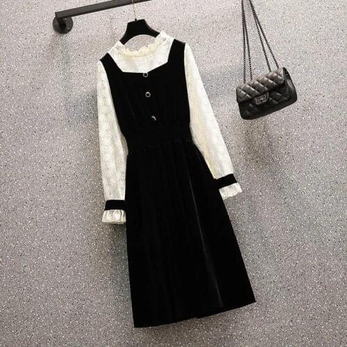 Retro Hepburn little black dress female plus size autumn new style velvet stitching lace high waist draped fake two-piece dress