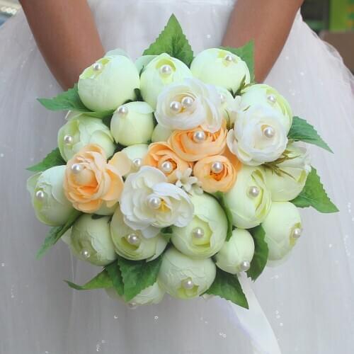 Handmade Fashion Wedding Accessories Bridal Bouquets Pearl Flower Wedding Bouquet With Green Leaf Brooch Bouquet De Mariage