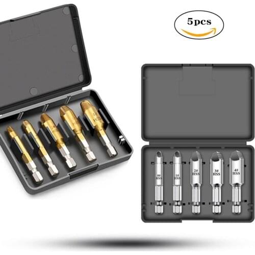 Tao Hua Yuan 5pcs Damaged Screw Extractor Kit 1/4" Hex Screws Remover HSS Broken Breakage Head Stripped Screw Bolt Extractor Set