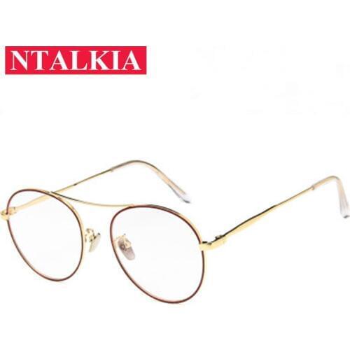 Real Monturas De Gafas Korean Double Beam Metalframes Male Female clear lens Retro Fake no degree Eyewear Metal round glasses