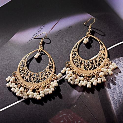 2019 New Fashion Imitation Gemstone Indian Earring Jewelry Vintage Hollow Beads Tassel Dangle Earrings Bijoux E049