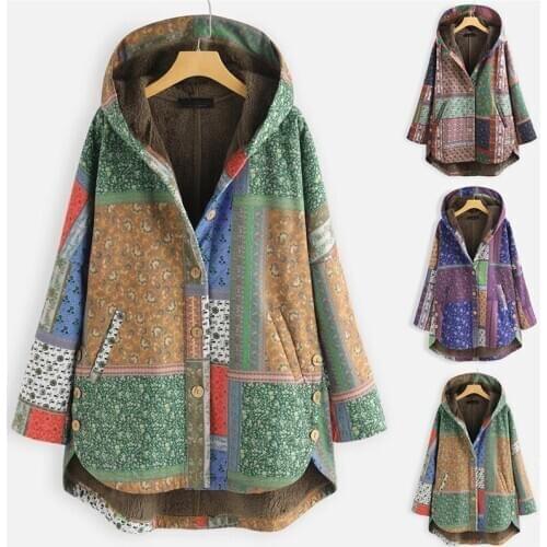 Autumn and winter ladies cotton-padded jacket printed hooded loose large size plus velvet thickened ladies jacket