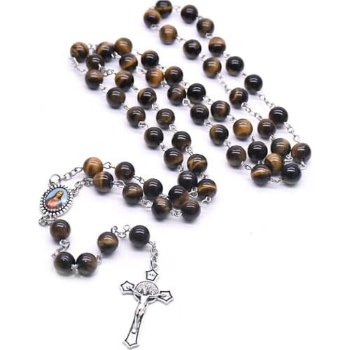 Holy Father Natural Tiger Eye Stone Cross Rosary Necklace Prayer Beads Chain Catholic Church Supplies Wholesale Jewelry