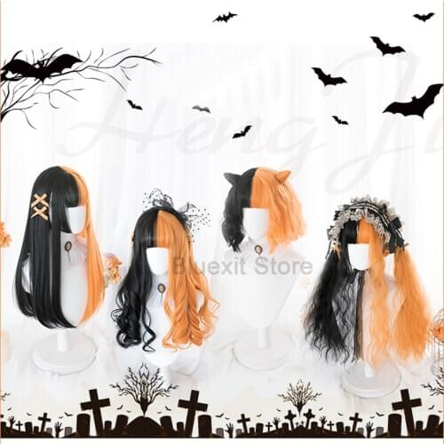 Harajuku Mixed Black Orange Lolita Wig Horns Short Long Straight Curly Synthetic Hair Fringe Bangs Adult Girls Halloween Evil