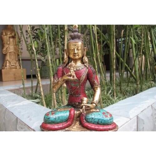 Song voge gem S1293 Nepal Pure Bronze 24K Gold Gild inlay Red coral turquoise Vajrasattva Buddha