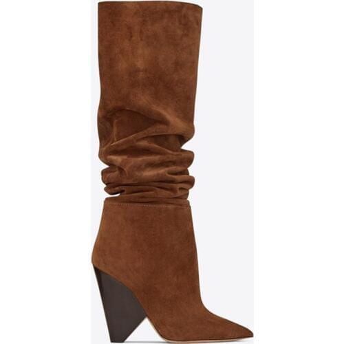 Sexy Knee Boots for Women Spike High Heel Boots Suede Leather Autumn Winter Brown Botas Mujer Wedge Shoes Woman