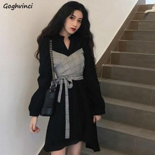 Long Sleeve Dress Womens Fake 2 Piece Patchwork A-line High Waist Mini Chic Design Streetwear Ulzzang Casual Elegant Fashion Ins