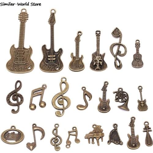 21Pcs/Set Mix Musical Instrument Charm For Jewelry Making Charm Antique Color Guitar Microphone Violin Horn Charm