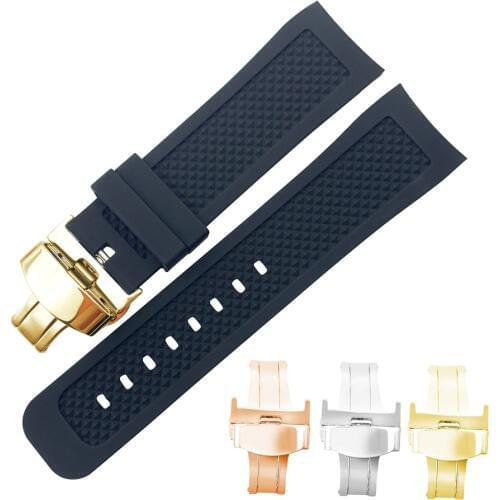 Curved End 22mm Black Soft Silicone Rubber Watch band For IWC PORTUGIESER YACHT CLUB CHRONOGRAPH IW390502 IW390209 Watch Strap