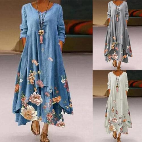 Fashion Flower Print Long Dress Women Vintage O Neck Button Long Sleeve Irregular Maxi Dresses Summer Loose Oversize Party Dress