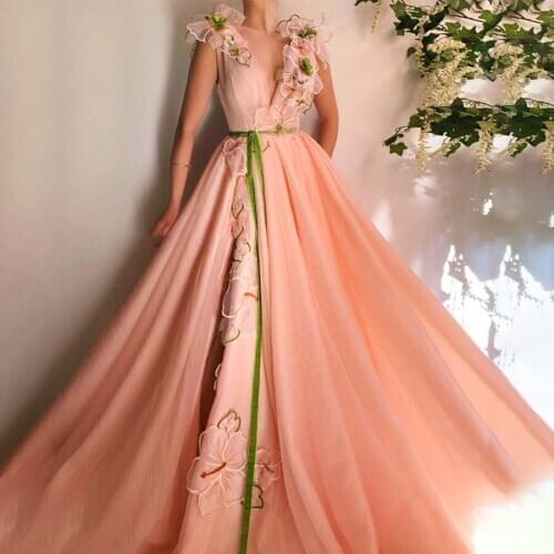 V-neck Butterfly Wings Sews Coral Prom Dress with Green Belt Side Slit Sexy Evenign Gowns vestidos de graduacion